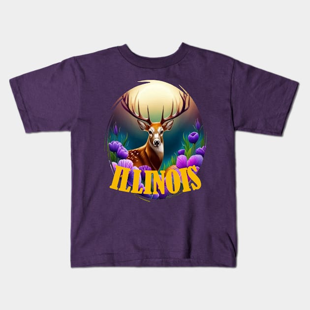 White-tailed Illinois Deer With Violets Kids T-Shirt by taiche